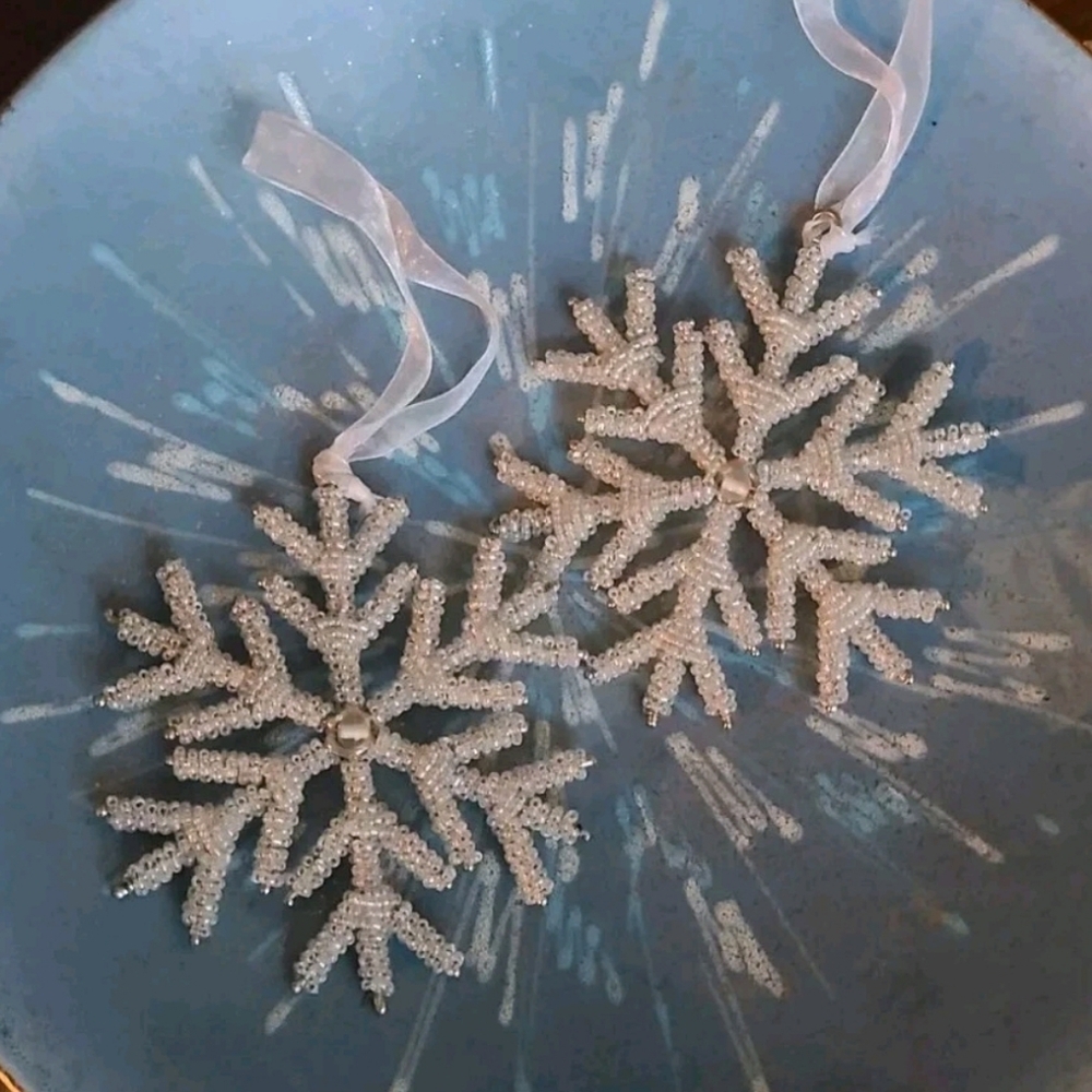 Silver Vintage Beaded Pottery BarnSnowflake White Ornament Set Of 2
